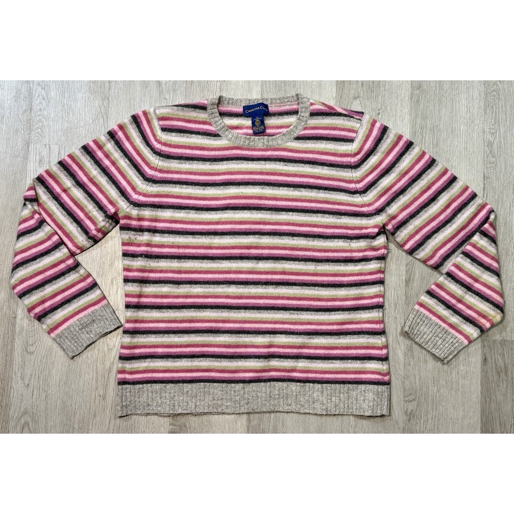 Charter Club 100% Lambswool Sweater Women's Size XL Striped Pink Gray Winter